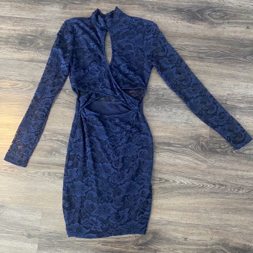 Navy, XS, Windsor, Lace, Long sleeve, Mini Dress
